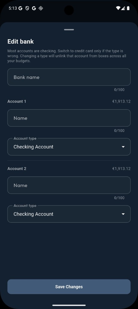 Bank bearbeiten in Liquify mit Bankname, Name und Kontotyp