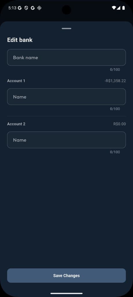 Feuille Modifier la banque dans Liquify avec Nom de la banque et Nom du compte
