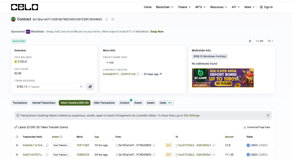 Celoscan contract page with 0 CELO balance but Token Holdings of about $785 and USDC transfers