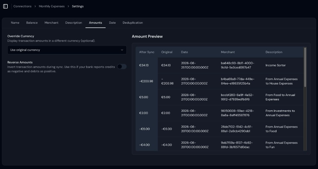 Amounts tab in the Lunch Flow portal with Reverse Amounts off