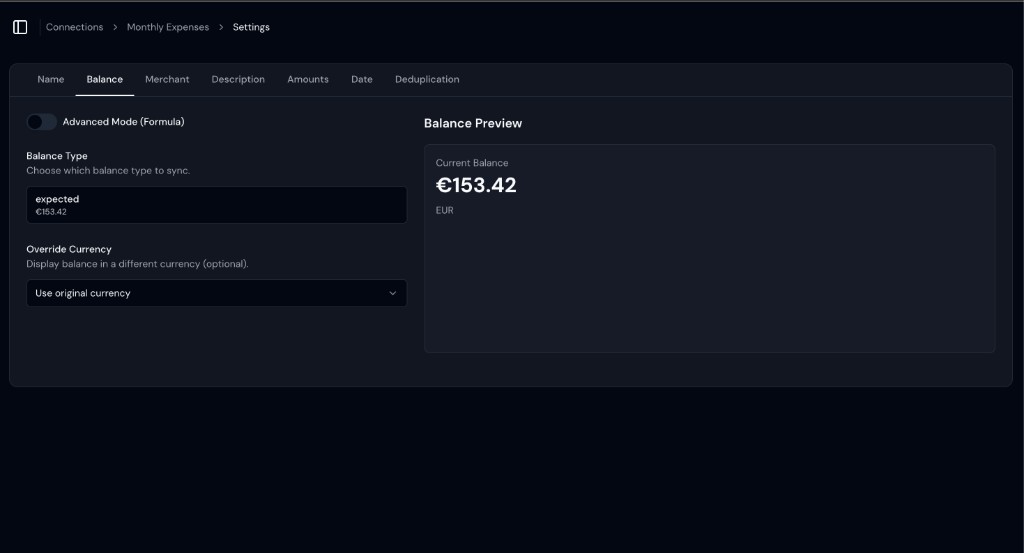 Balance type in the Lunch Flow portal for an N26 account