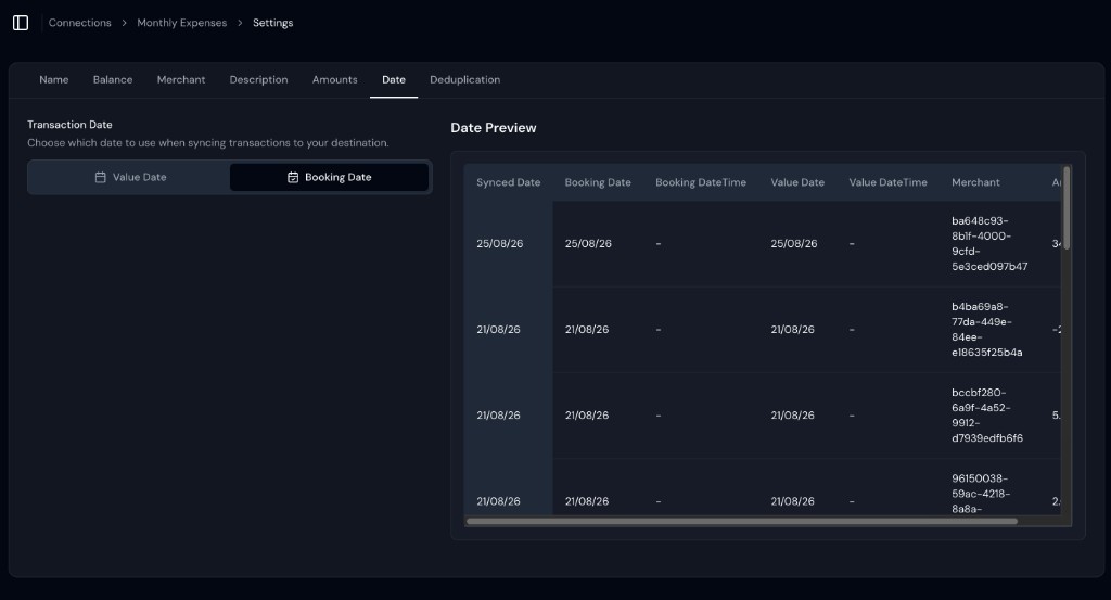 Date tab in the Lunch Flow portal with Booking Date selected